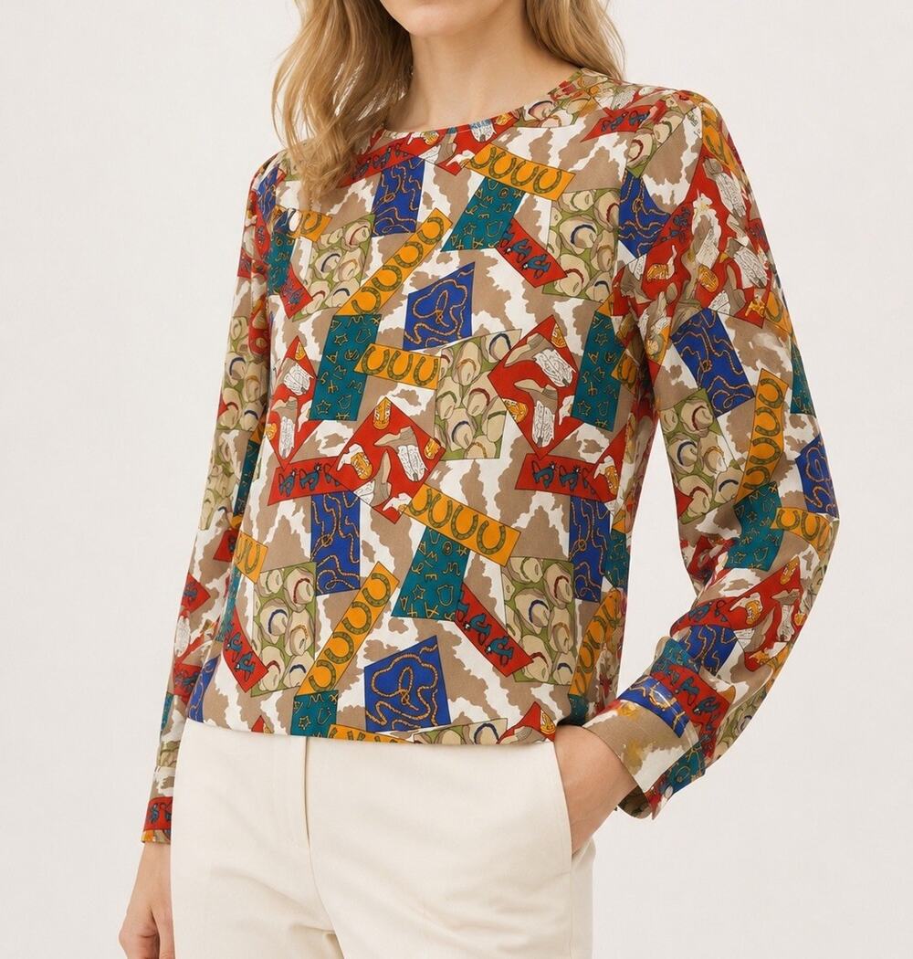 Vintage SNOW 100% Silk Western Cowboy Novelty Print Blouse Shirt M